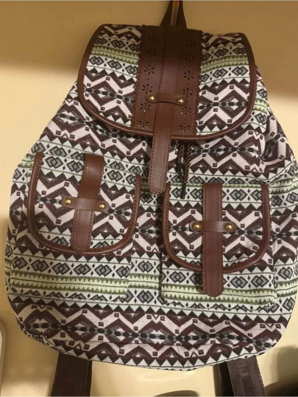 Brown Patterned Canvas Backpack with Leather Accents